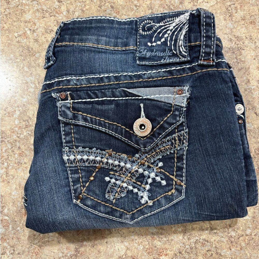 Hydraulic Blue Shorts with Dark Wash and Decorative Stitching